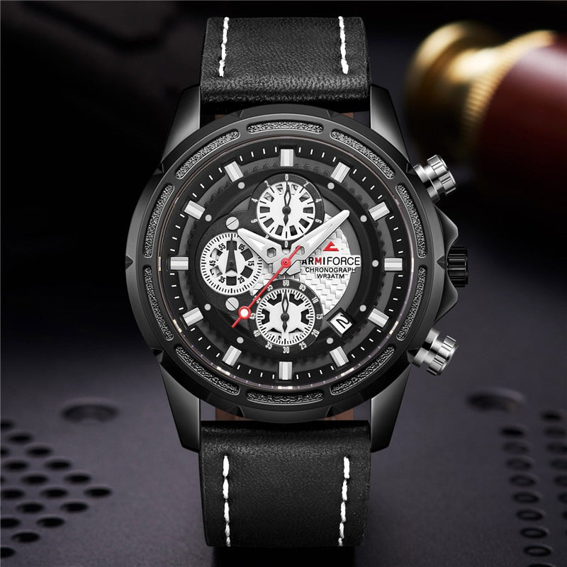 Men's Armiforce Luxury Genuine Leather Watch (8004) - Black Silver
