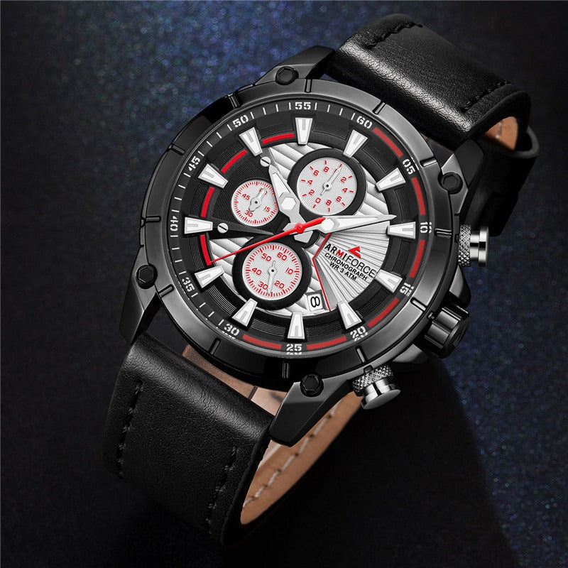 Men's Armiforce Luxury Genuine Leather Watch (8007) - Black Silver Red