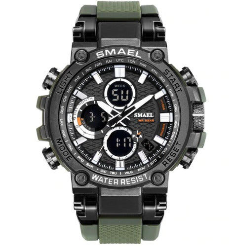 Smael Metal Case Multifunctional Digital Analog Watch- Green and Black