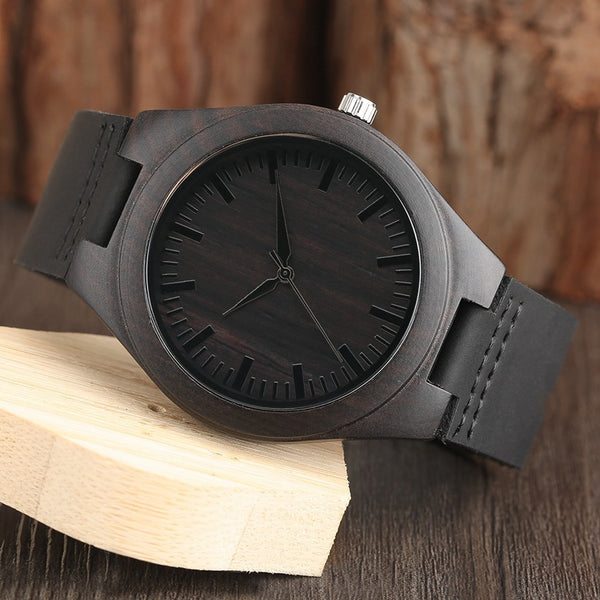 Men's Dark Bamboo Handcrafted Watch - Genuine Leather Belt