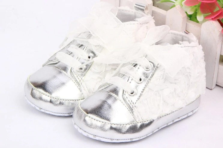 Infants Soft Soled Rose Lace Sneakers - White