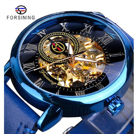 Automatic Skeleton Mechanical Watches - Blue and Black - Leather Band