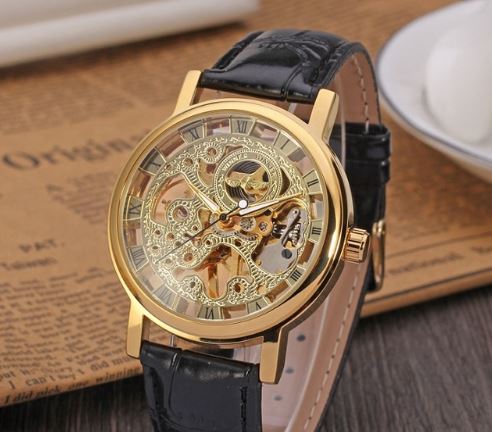 Automatic Skeleton Mechanical Watches -  Black Leather Band - Gold