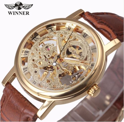 Automatic Skeleton Mechanical Watches -  Leather Band - Gold