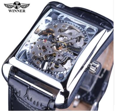 Automatic Rectangle Skeleton Mechanical Watches - Silver