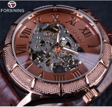 Automatic Skeleton Mechanical Watches -  Gold Leather Band
