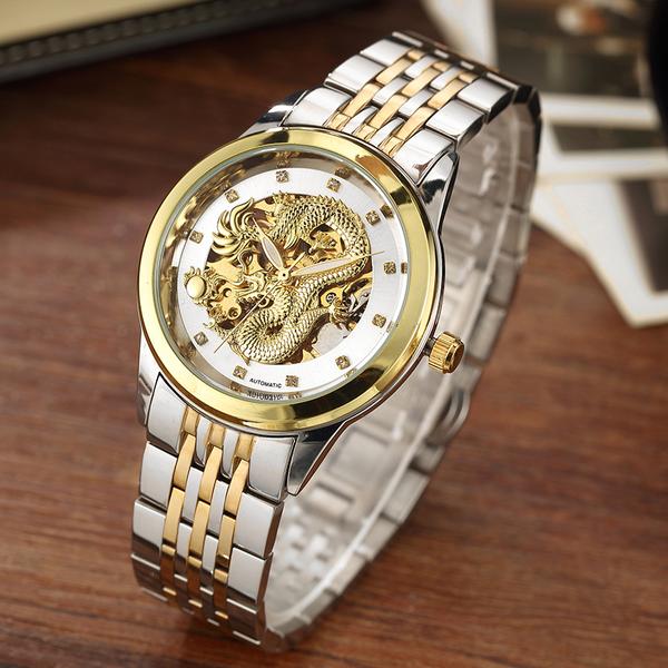 Men's Automatic Dragon Skeleton Mechanical Watch - Silver Gold