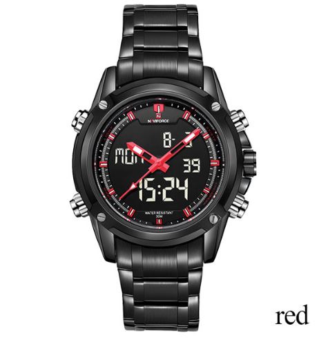 Men's Dual Display Stainless Steel Naviforce Watch - Black Red