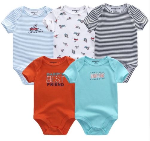 Babies Short Sleeve Rompers (0-3 months) - 5pc Set - Mix Colours