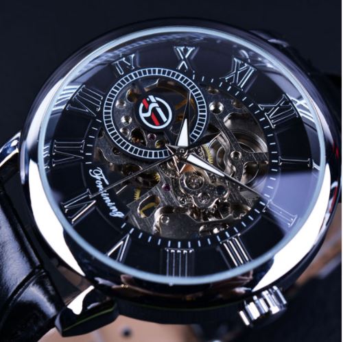 Automatic Skeleton Mechanical Watches - Silver and Black Leather Band