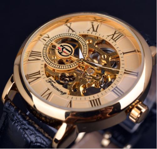 Automatic Skeleton Mechanical Watches - Gold and Black Leather Band
