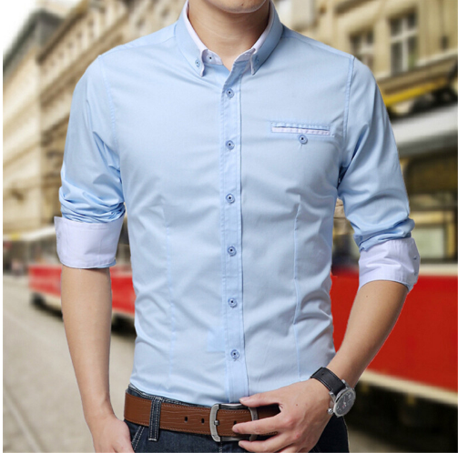 Men's Patchwork Slim Fit 100% Cotton Shirts - Light Blue