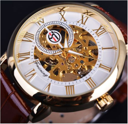 Automatic Skeleton Mechanical Watches - White and Gold with Brown Leather Band