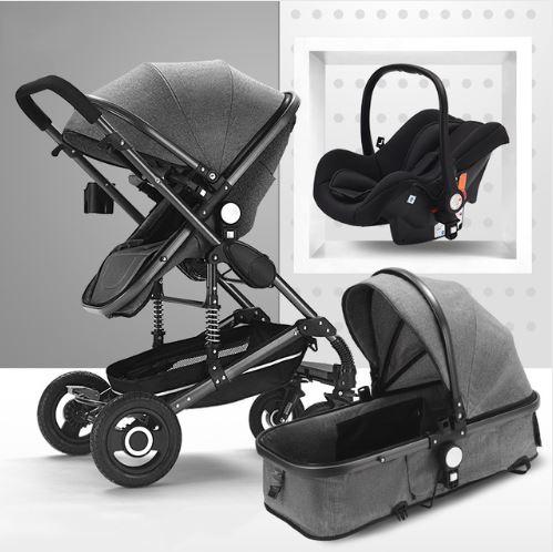 Baby Pram Stroller - 3 Function Foldable Baby Pram with Car Seat-Grey